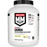 Muscle Milk envase frontal Vainilla Creme mostrando tamaño y marca, ideal para ganancia calórica