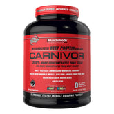 MuscleMeds envase frontal de CARNIVOR mostrando tamaño y sabor Fruity Cereal