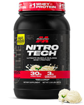 MuscleTech envase frontal Nitro-Tech mostrando formato y beneficios
