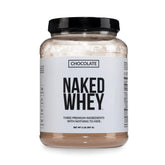 NAKED envase frontal del polvo de whey chocolate mostrando diseño y pureza