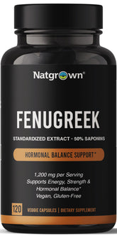 Natgrown frasco frontal mostrando fenogreco y 120 cápsulas, claridad de información