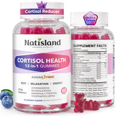 NATISLAND envase frontal de Cortisol Gummies mostrando 60 unidades y beneficios