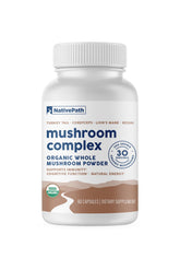 NativePath envase frontal del Mushroom Complex mostrando sello orgánico y tamaño