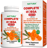 Nattura frasco frontal de Complete Omega 3-6-7-9 mostrando etiqueta y beneficios