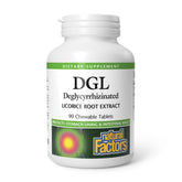 Natural Factors envase frontal mostrando suplemento DGL y beneficios