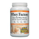Natural Factors envase frontal que muestra proteína whey sin sabor y beneficio de proteína alta
