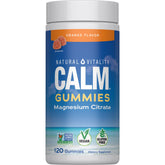 Natural Vitality frasco frontal de gomitas de magnesio sabor naranja, conveniente y vegano