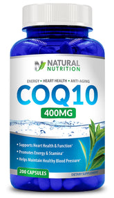 Natural Vitamin CoQ10 400mg vista frontal del frasco, aporta confianza y claridad