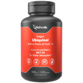 Naturalis empaque frontal de Ubiquinol mostrando 120 softgels y beneficios de absorción