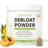 Nature Aurora envase frontal del polvo debloat muestra tamaño y sabor melocotón mango