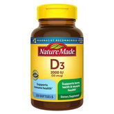 Nature Made frasco frontal de Vitamina D3 2000 UI que muestra cantidad y beneficio
