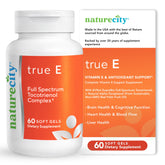 NatureCity True-E vista frontal del envase mostrando 60 softgels y claridad del producto