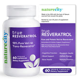 NatureCity TrueResveratrol frente del empaque mostrando diseño y beneficios claros