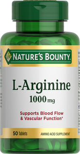 Nature's Bounty envase frontal de L-Arginine 1000 mg mostrando la marca y beneficios