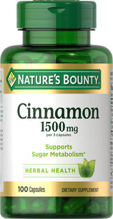 Nature's Bounty frasco frontal mostrando canela en cápsulas y formato práctico