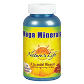 Nature's Life envase frontal Mega Minerals muestra ingredientes clave y ventaja de concentración
