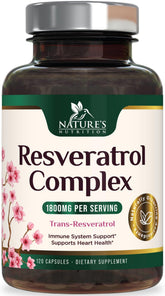 Nature's Nutrition frasco frontal de resveratrol mostrando etiqueta y cantidad
