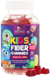 Nature's Nutrition frontal del envase muestra 120 gomitas y beneficio de fibra