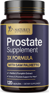 Nature's Nutrition envase frontal mostrando 120 cápsulas y beneficio de soporte prostático