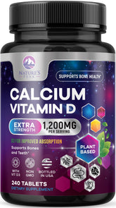Nature's Peak envase frontal mostrando calcio y vitamina D3, beneficio soporte óseo