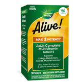 Nature's Way frasco Alive! Max3 frente mostrando presentación de 90 ct y conveniencia