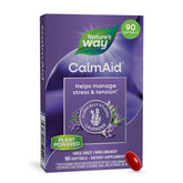 Nature's Way CalmAid envase frontal mostrando 90 cápsulas y beneficios de calma