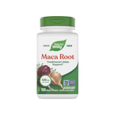 Nature's Way envase frontal de Maca Root mostrando etiqueta clara y beneficio