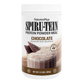 NaturesPlus SPIRU-TEIN frente del empaque mostrando el sabor chocolate y beneficios
