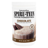 NaturesPlus SPIRU-TEIN frontal del envase mostrando el sabor chocolate y beneficios