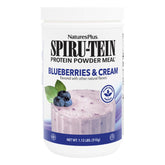 NaturesPlus envase SPIRU-TEIN Blueberries & Cream, presentación y beneficio nutricional