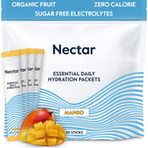 Nectar empaque frontal mango mostrando 30 sobres y beneficio hidratación rápida