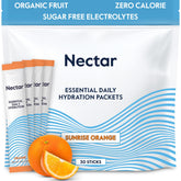 Nectar frontal del empaque mostrando sobres y beneficios de hidratación rápida