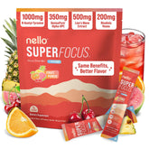 Nello Superfocus frente del empaque mostrando 20 sobres y sabor Fruit Punch, ideal para organización