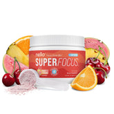 Nello Superfocus frente del paquete mostrando 30 sobres y sabor Fruit Punch, práctico para jornadas