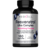 NeoCell frasco frontal del suplemento resveratrol mostrando etiqueta y claridad