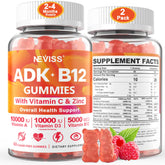 NEVISS envase frontal de gomitas ADK+B12 muestra beneficios diarios