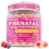 NEVISS empaque frontal de gomitas prenatales, presentación clara y beneficios visibles