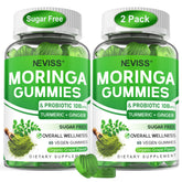 NEVISS envase frontal de gomitas moringa muestra tamaño y beneficios