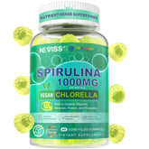 NEVISS frasco frontal de Spirulina Chlorella Gummies mostrando diseño y unidad beneficiosa