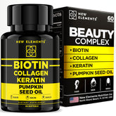 New Elements botella frontal del suplemento mostrando diseño y cantidad de softgels