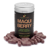Noomadic frasco delantero de Maqui Berry mostrando etiqueta y beneficio antioxidante