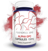 Nootropics Depot Alpha GPC frasco frontal mostrando 180 cápsulas y beneficios claros