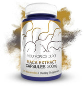 Nootropics Depot envase frontal de Maca Root Extract muestra etiqueta y beneficios