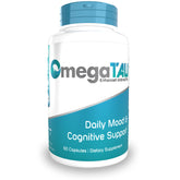 Nootropics Depot frasco OmegaTAU mostrando etiqueta y beneficios de calidad