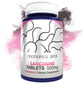 Nootropics Depot frasco frontal de Sarcosine masticable 500 mg mostrando etiqueta clara y conteo