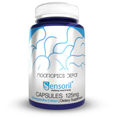 Nootropics Depot frasco Sensoril Ashwagandha vista frontal y beneficio de dosificación consistente