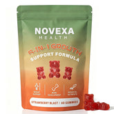 Novexa Health frasco frontal que muestra 60 gominolas y sello sin gluten
