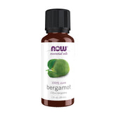 NOW Aceite de Bergamota vista frontal del envase y tapa resistente, imagen de confianza