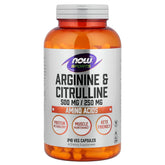 NOW Foods envase frontal que muestra arginina y citrulina y beneficios claros