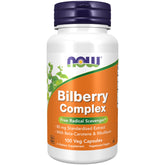NOW Foods frasco frontal del Bilberry Complex 80 mg, envase claro y beneficios naturales